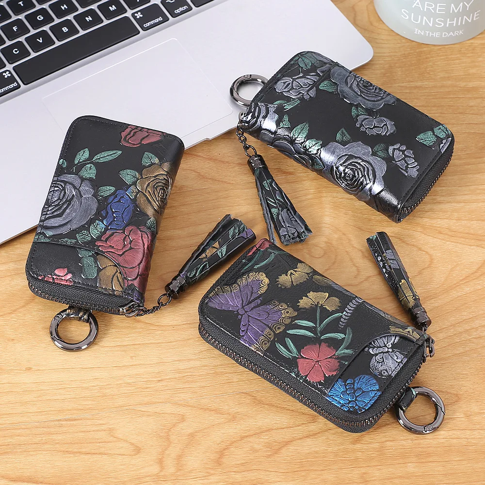 Funda con estampado de rosa para llaves de puerta, Cartera de cuero genuino con borla, 8 llaves