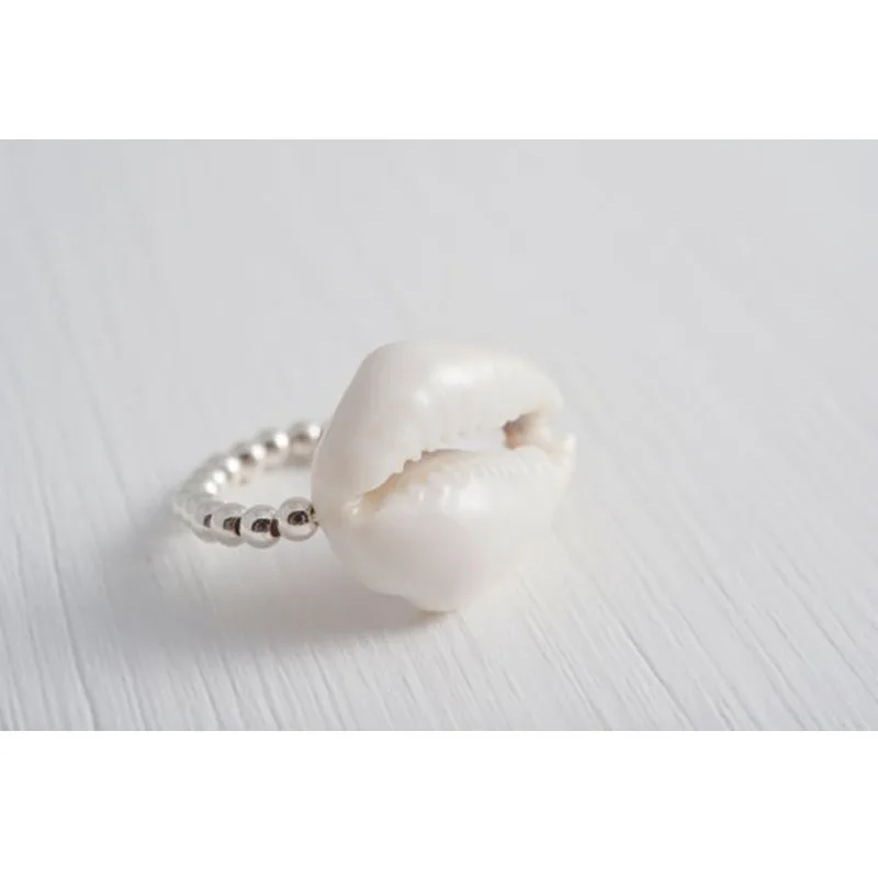 Tiny Natural Sea Cowrie Beaded Elastic Ring Handmade Jewelry