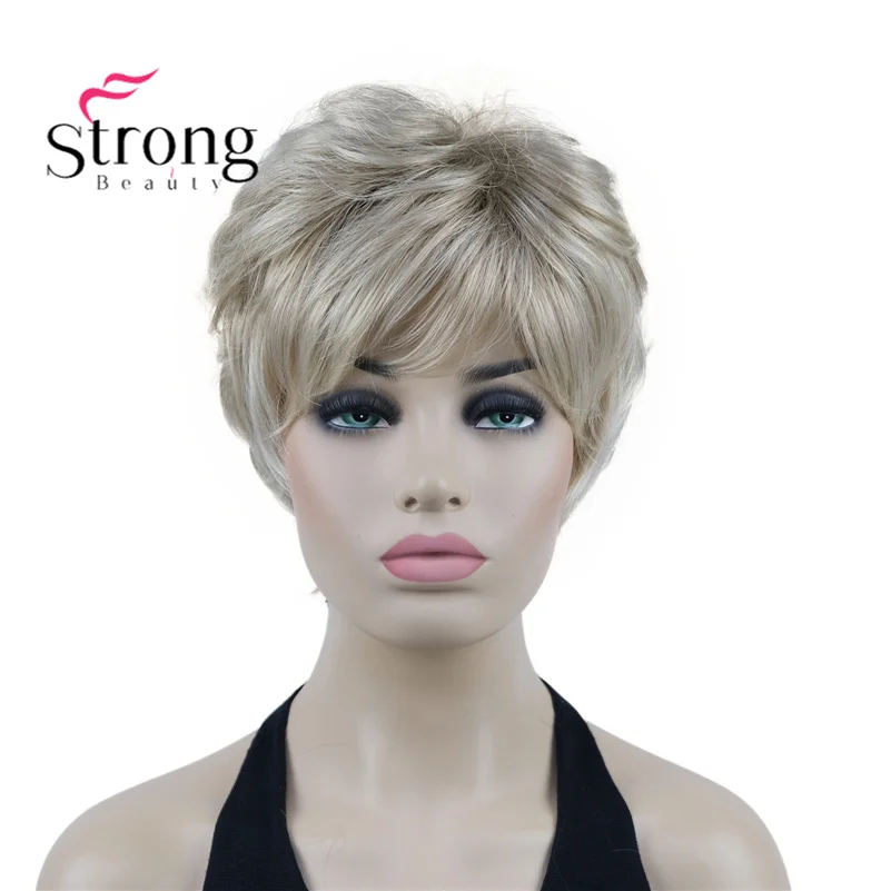 StrongBeauty kobiety naturalny blond podkreśla krótkie peruki z kręconymi włosami falowane włosy fryzura Pixie pełna peruka syntetyczna