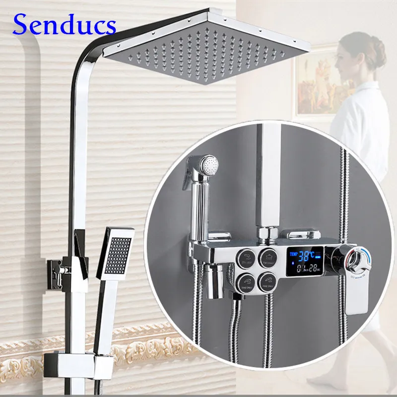 

Digital Shower Set Senducs Polished Chrome Thermostatic Shower System Brass Bathtub Mixer Tap Square Digital Bathroom Shower Set