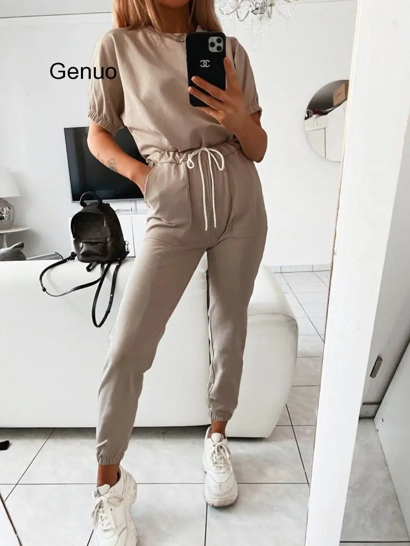 

Casual Solid Color Lace Up Two Piece Lantern Sleeve Women's Elegant Pants Set Jogging Pants Two Piece Home Sports Style