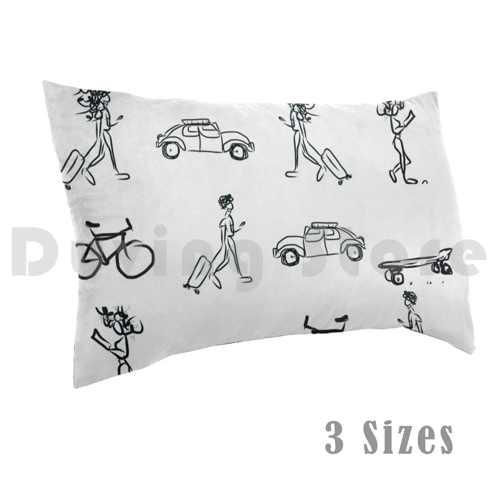 On The Go , WheresmsbPillow case Car Bicycle Skateboard Travel Black And White Suitcase Reading Wheresmsb