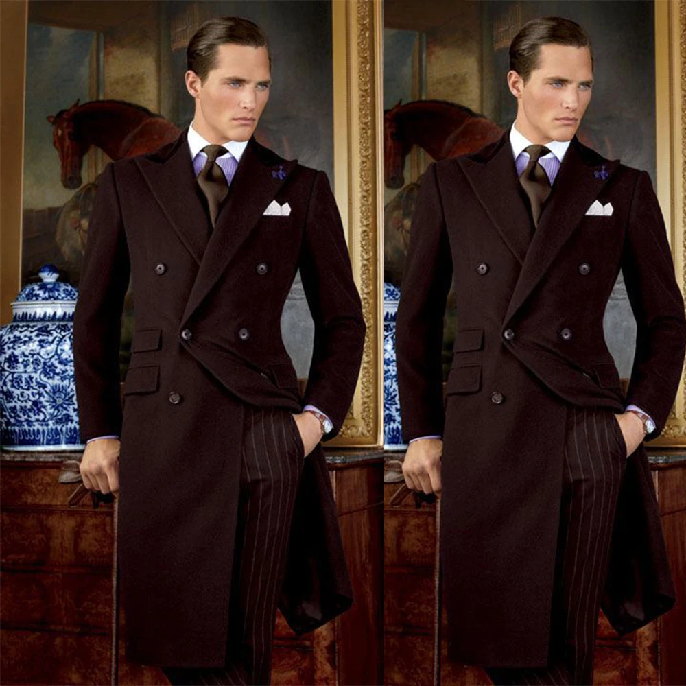 Winter Burgundy Mens Tweed Jacket Long Woolen Groom Party Prom Tuxedos Coat Business Wear Outfit Overcoat