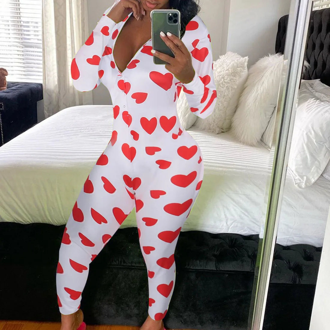 Valentine\'s Day Womens Sexy Print Home Onesies Jumpsuit Sleepwear Long Sleeve Bodycon Bodysuit Romper Trousers Pajamas One Piece