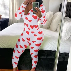 Valentine's Day Womens Sexy Print Home Onesies Jumpsuit Sleepwear Long Sleeve Bodycon Bodysuit Romper Trousers Pajamas One Piece