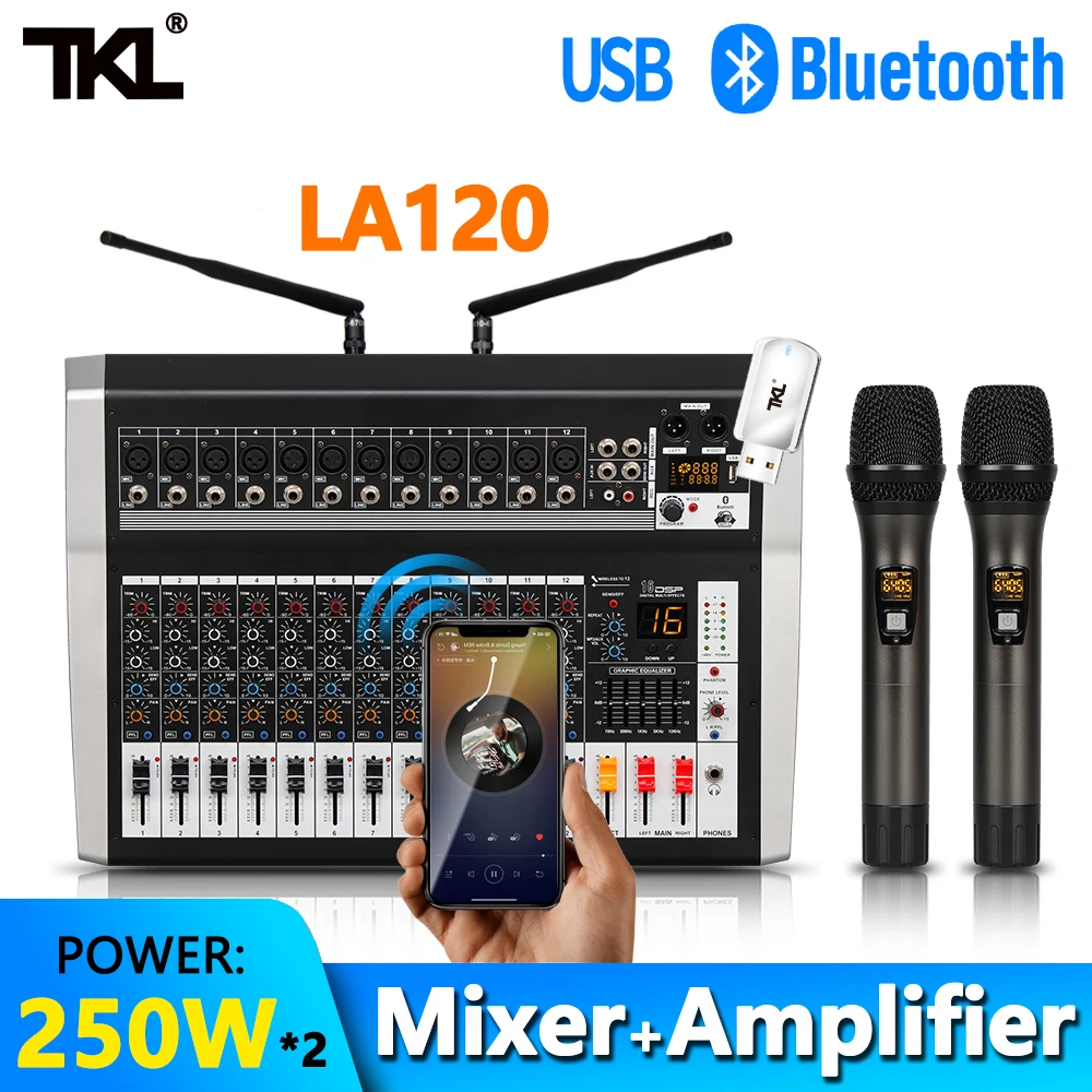 

Professional Audio Mixer With Amplifier 250W*2 Wireless Microphone Bluetooth Music USB DJ Sound Mixing 16 DSP 48V Phantom Power