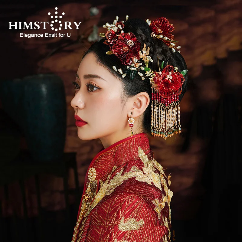 HIMSTORY Chinese National Style Bride's  Headdress Beautiful Flannel Tassel Red Clear Flower Hair Ornament  Accessories