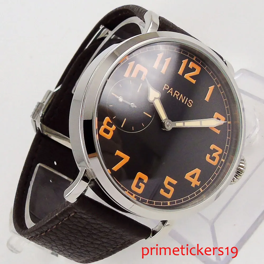 46mm Parnis Orange/Black Marks Stainless Steel Polished Case Leather Strap 6497 Hand Winding Movement Men Watch Black Dial