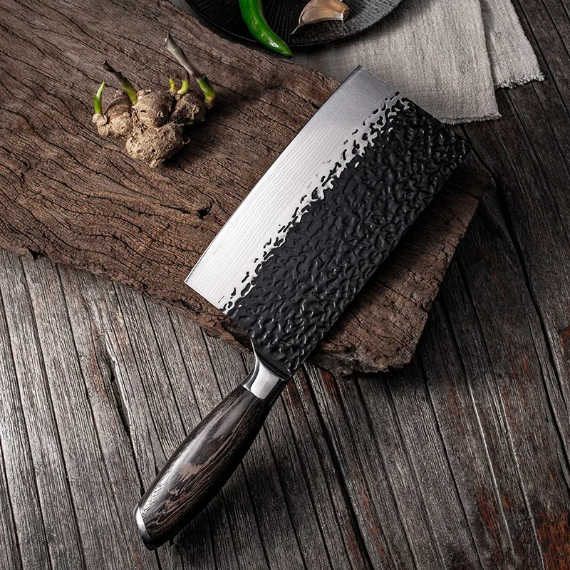 Wooden Handle Slicing Knife Handmade Kitchen Knife Meat Cleaver Slices Kitchen Black Hammered Stainless Steel Sharp Blade Cutter