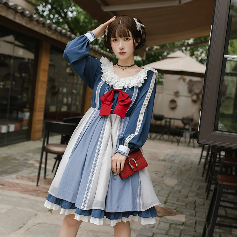 

Palace Princess Sweet Lolita Dress Retro Sailor Collar Falbala High Waist Victorian Dress Kawaii Girl Gothic Lolita Op Loli Cos