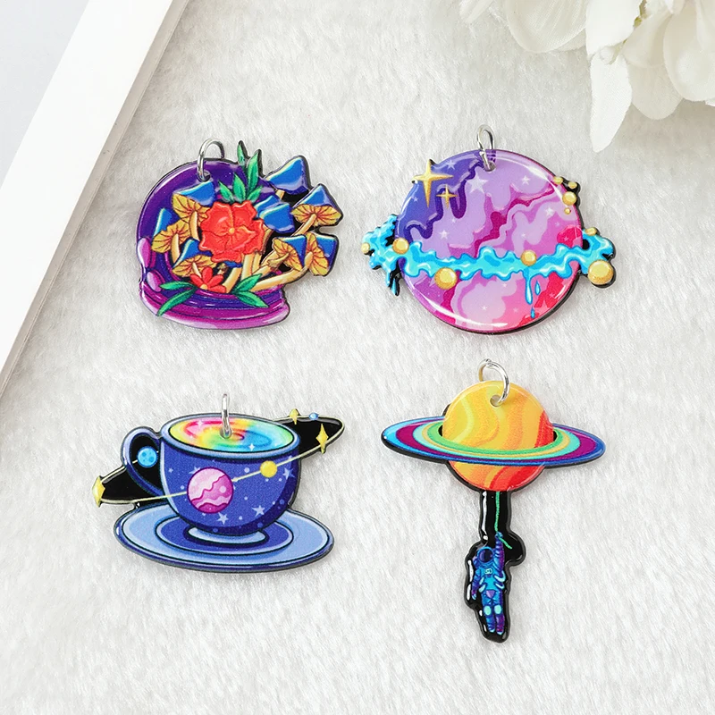 8Pcs Space Charms Psychedelic Astronaut Mushroom Satellite Planet Pendant For Earring Necklace Diy Making