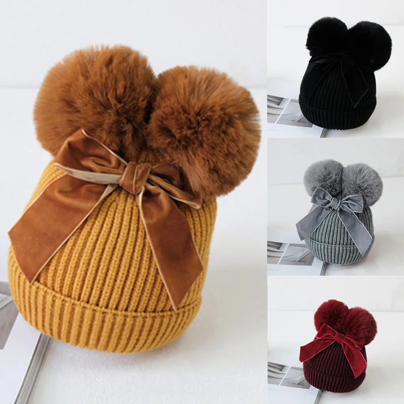 Baby Hats Winter Double Pompom Knitted Kids Baby Girl Hat Warm Thicker Children Infant Beanie Cap Bonnet Casquette Enfant