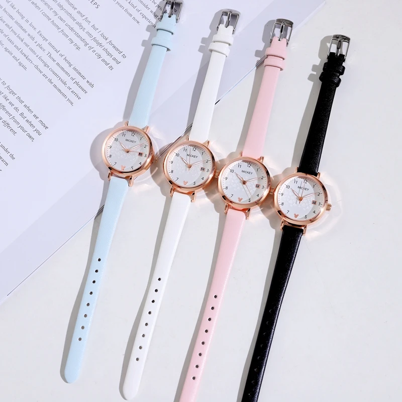 Disney Official Women Fashion Casual Quartz Wristwatches Micky Mouse Cute Small Dial Pu Strap Luminous Hands Lady New Gift Clock