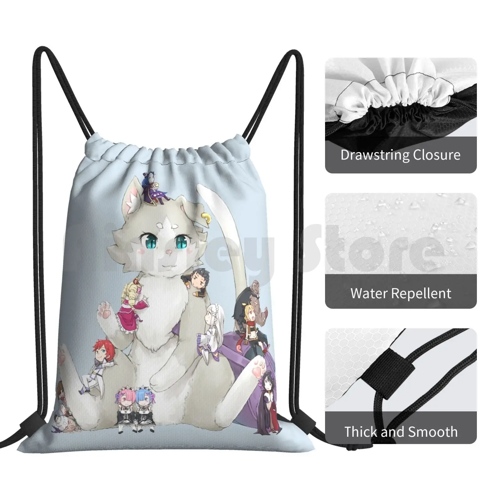 Re : Zero-Puck & Characters-mochila con cordón para montar en el gimnasio, bolsa Re Zero Puck Rem Ram Japón Emilia