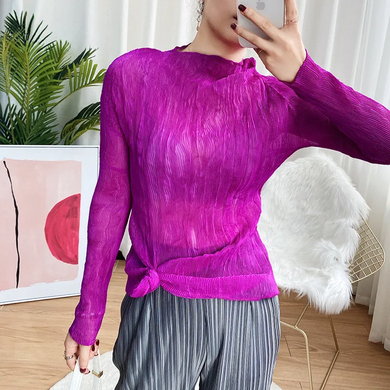 

2021 New Miyake Fold Classic Basic Women's Sexy See-Through Long-Sleeved Top Bottoming Shirt All-Match Fashion Slim T-Shirt Y2k