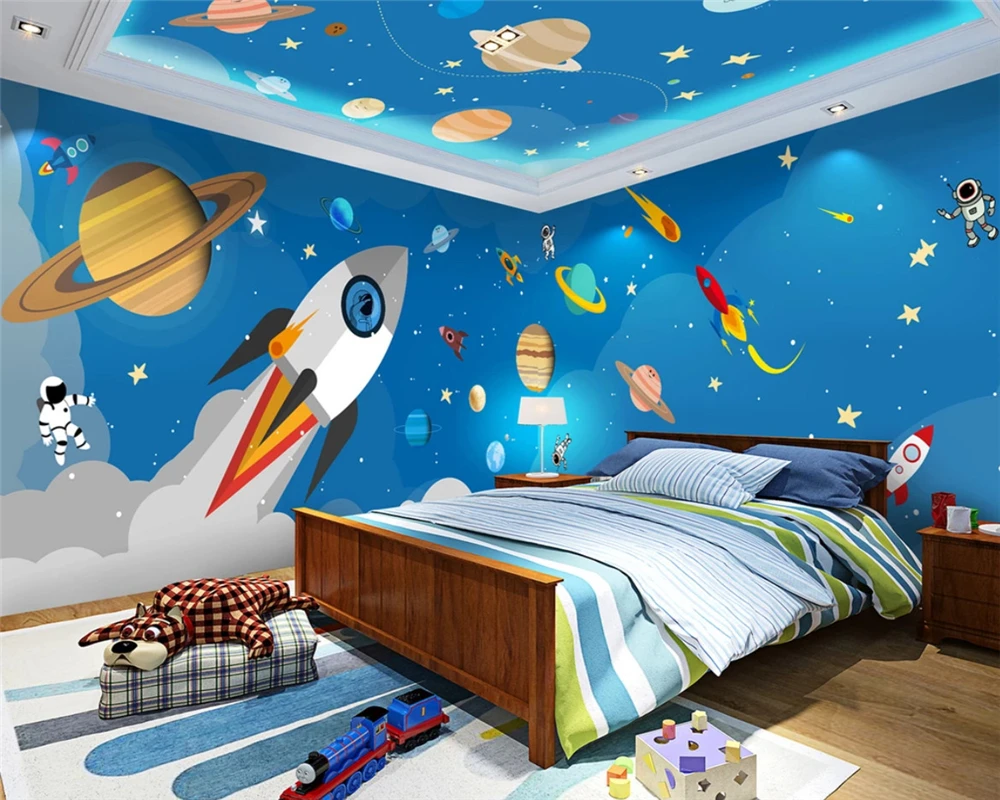 beibehang 2019 Custom children's fashion hand painted blue theme space whole house background wallpaper papel de parede tapety