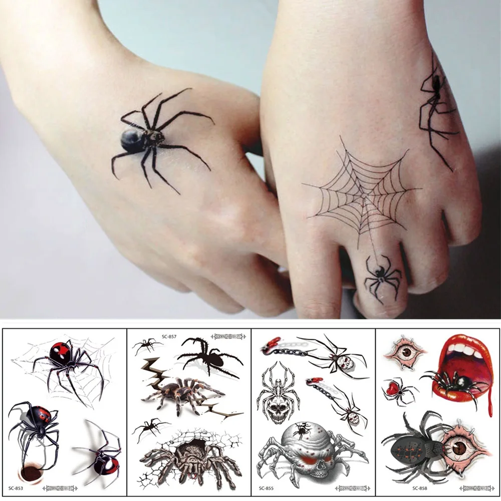 

12 Kinds Big 3D Spider Tattoo Waterproof Halloween Temporary Body Art Sticker Disposable Make Up Scary tatouage temporaire