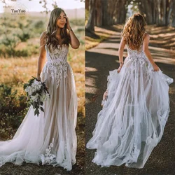 Boho Open Back Wedding Dresses With Square Neckline Sleeveless Spaghetti Straps A-Line Applique Marriage Dress Vestidos De Novia