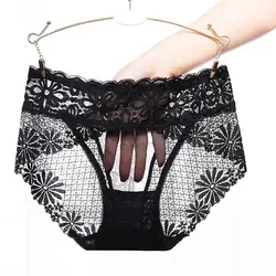 Women Sexy Hollow Lace Mesh Panties Middle Waist Thin High Elasticity Personality Female Transparent Underwear Breifs