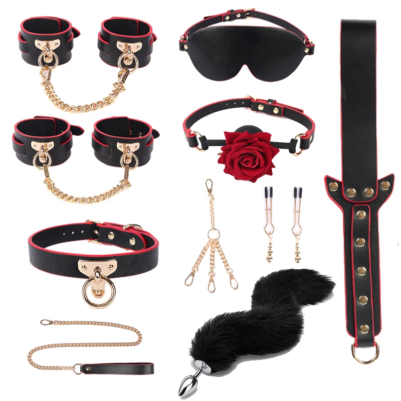 Luxury Genuine leather BDSM Kits Bed Bondage Set Restraint Handcuffs Collar Gag Erotic Sex Toys For Women Couples Adult Games