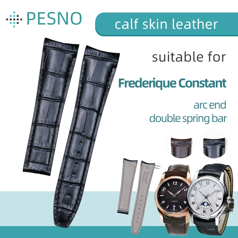 PESNO Compatible for Frederique Constant FC-303 Genuine Calf Skin Leather Watch Bands Curved End Double Spring Bars Men Straps