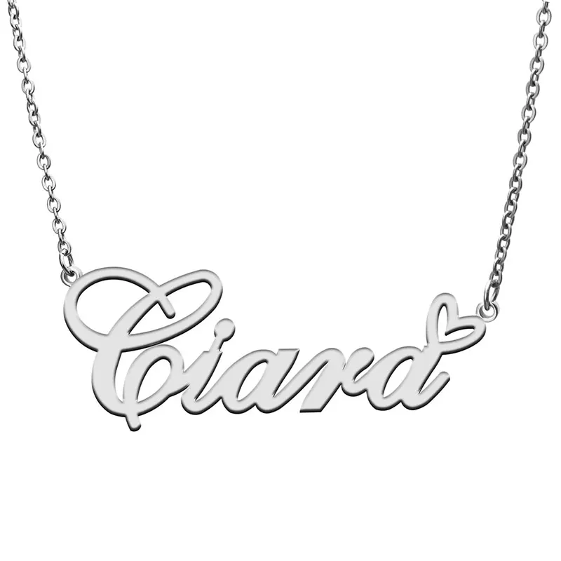 Ciara Name with Love Heart Necklace for Women Stainless Steel Jewelry Nameplate Pendant Femme Mother Girls Gift