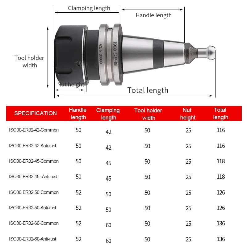 Balanced Chuck ISO30 ER32 High-Speed Tool Holder Chuck Lathe 30000RPM CNC Spindle Tool Holder Stainless Steel, With Pull Studs