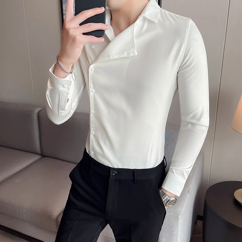 Camisas De Hombre High Quality Shirts For Men Korean Luxury Clothing Partial Placket Slim Fit Long Sleeve Men's Social Shirt 4XL