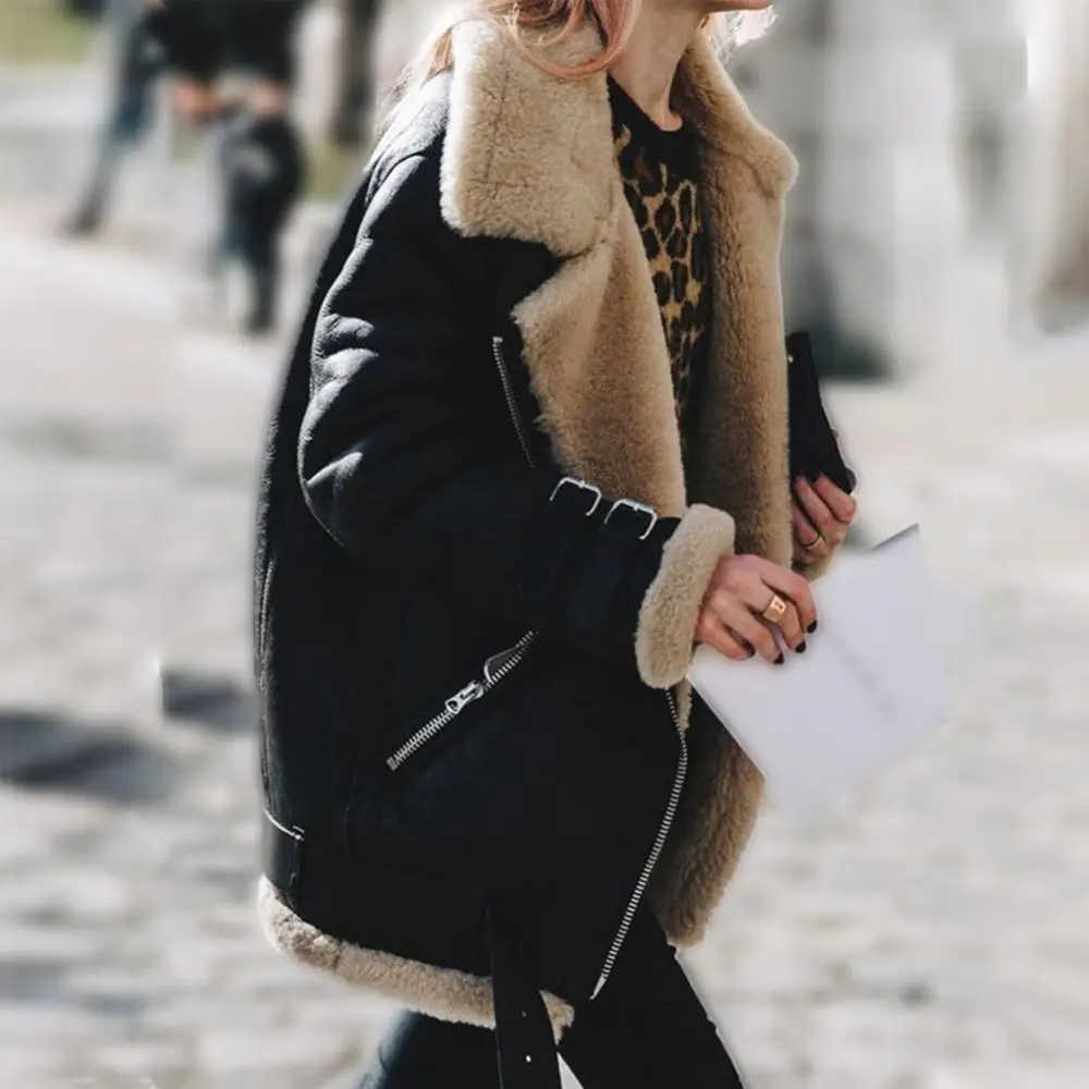 Chaqueta de solapa gruesa de piel sintética para mujer, abrigo suelto con correas de hebilla, manga larga, Invierno