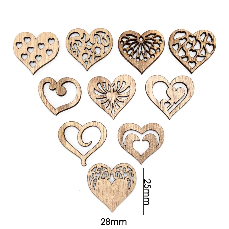 50pcs Heart Natural Wood Chips Openwork Wooden DIY Crafts Scrapbook Embellishments Hanging Ornaments Wedding Party Decor