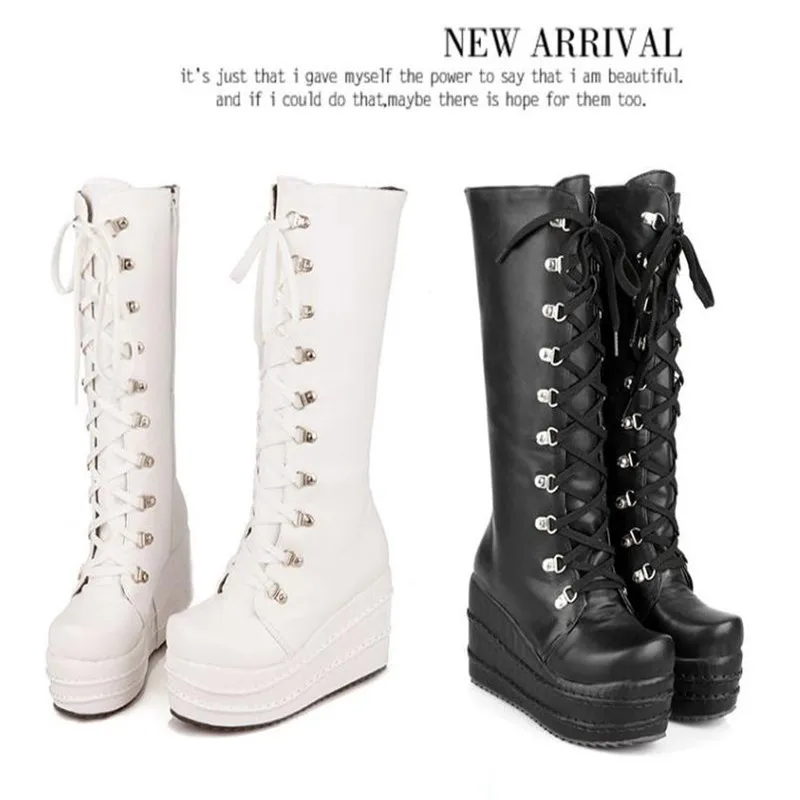 large sizes 31-43 customized fashion punk cosplay boots woman shoes platform winter wedge high heel knee high boots