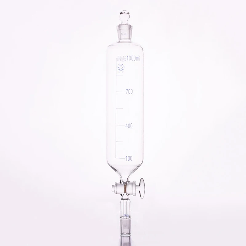 Separatory funnel cylindrical shape,standard ground mouth.Capacity 1000ml,Joint 24/29+24/29,Glass switch valve