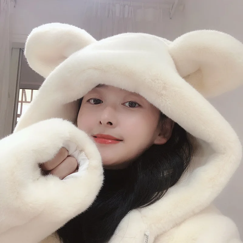 Winter Kawaii Lolita Faux Fur Jackets Women Fashion Bear Head Style Coats Women Elegant Solid Female Ladies Cute Rabbit Fur Coat