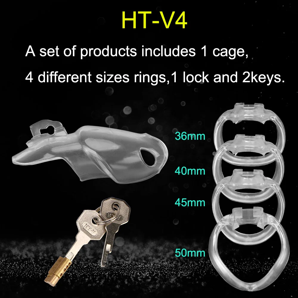 HT-V4 Plastic Chastity Cage With 36-50mm Penis Rings for Men Scrotum Lock Cock Stretcher Sex Toys Male 18 Harness Couple Games