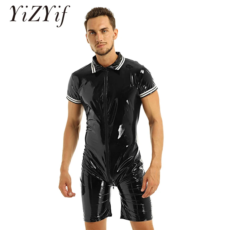 Sexy Latex Lingerie Bodysuit For Men One-piece Wet Look Patent Leather Front Zipper Boxer Briefs Leotard Bodysuit Nightwear