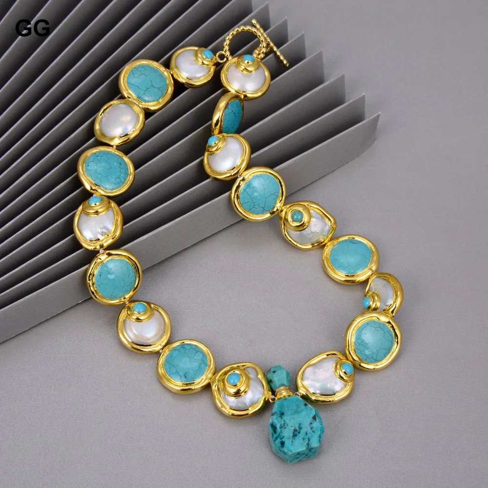 GuaiGuai Jewelry Natural Cultured Baroque Coin Pearl Gold Color Plated Blue Turquoises Necklace Bracelet Earrings Sets For Women
