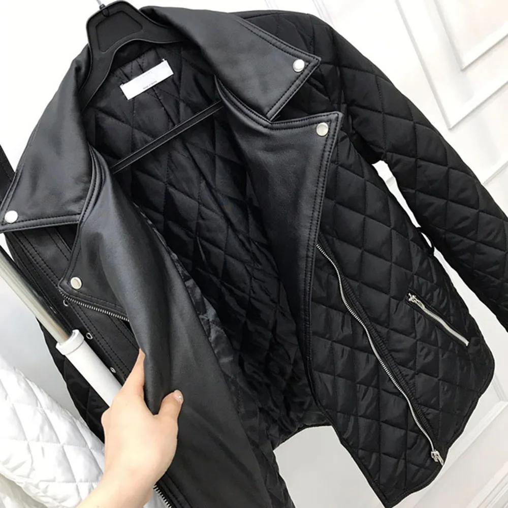 Women Mid-length Slim Warm Winter Jacket New PU Leather Splicing Jackets Korean Style Fashion Diamond Lattice Down Padded Jacket