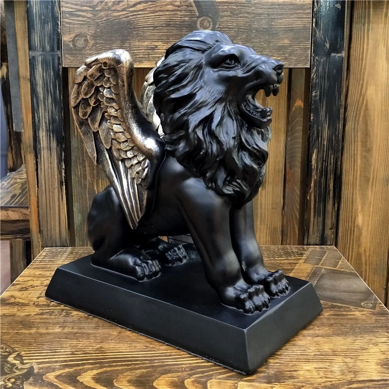 Antique Winged Lion Sculpture Resin Crown Lion Statue Mythology Creature Totem Macot Ornament Decor Art and Craft Furnishing