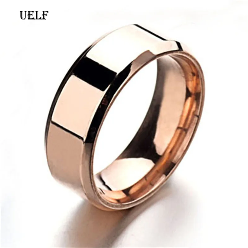 Uelf Simple Design 8MM Wide Stainless Steel Rings Trendy Rose Gold/Silver/Gold Color Wedding Ring Jewelry For Women Men