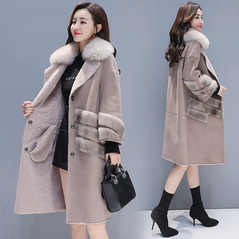 

2020 Fashion Ladies Winter Coat Women Faux Fur Jacket + Large Fur Collar Thick Warm Long Sheep Shearing Coat Hiver F81137