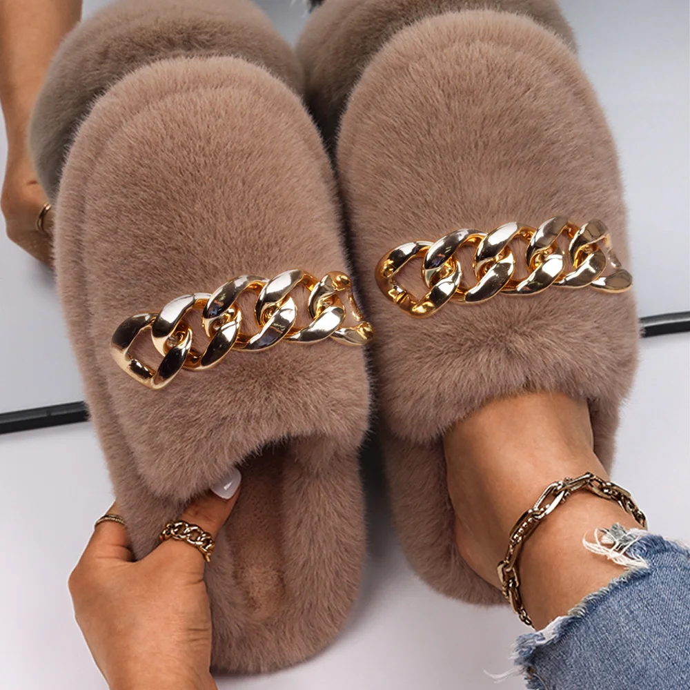 Women's Fluffy Faux Fur Slippers Decoration Floor Slides Plush Fleece Flats For Couple Shoes Black Lady Mules Indoor Home Shoes