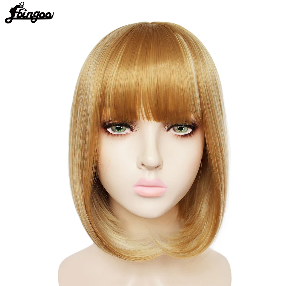 Ebingoo Synthetic Wig Short Straight Bob Wig Ombre Blonde Bayalage with Air Bangs Fringe Synthetic Machine Made Wigs for Women