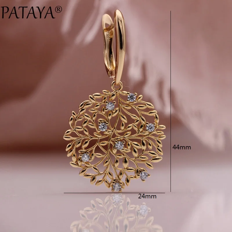 PATAYA New Safe Tree Long Earrings 585 Rose Gold Color Hollow Unique Fashion Jewelry Christmas Gift Natural Zircon Drop Earring