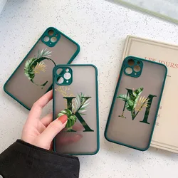 Initial Letter A Z Phone Case For iPhone 12 13 Mini 11 Pro Max Leaves Alphabet Green back Cover For iphone 11 14 promax Shells