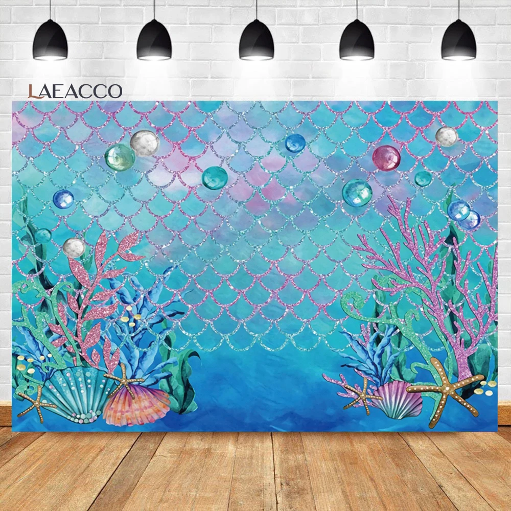 Laeacco Công Chúa Nàng Tiên Cá Sinh Nhật Hình BackgroundSeabed San Hô Lâu Đài Bong Bóng Cho Bé Gái Tùy Chỉnh Nhiếp Ảnh Backdrop