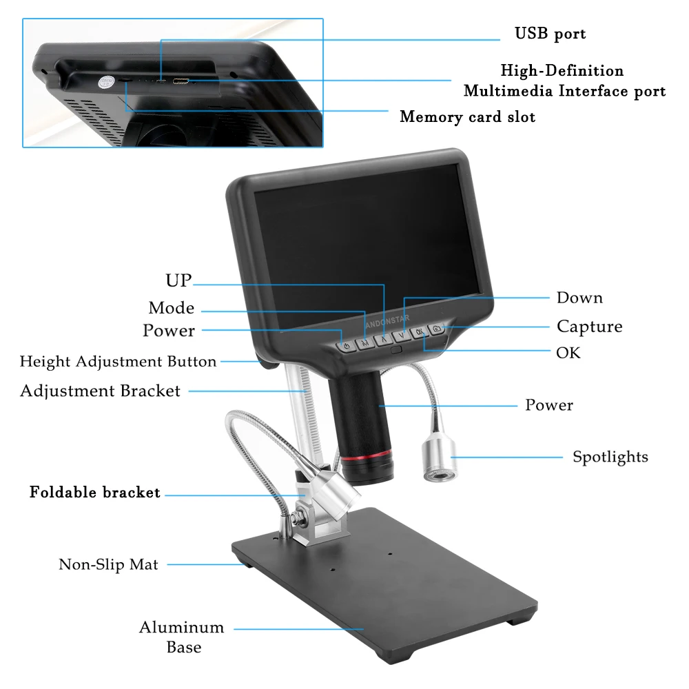 AD407 Andonstar High Definition 270X 1080P Digital Biological Microscope Camera for Soldering with 7 Inch 3D Screen and Bracket