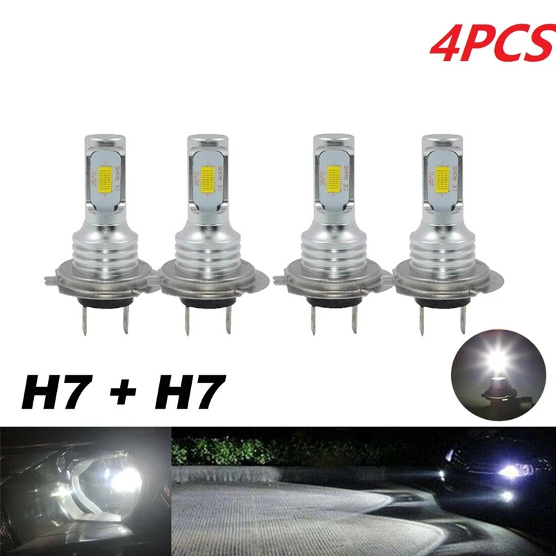 4PCS Mini H7 + H7 Combo LED Headlight Kit Bulbs High Low Beam 240W 52000LM 6000K Kit Super White