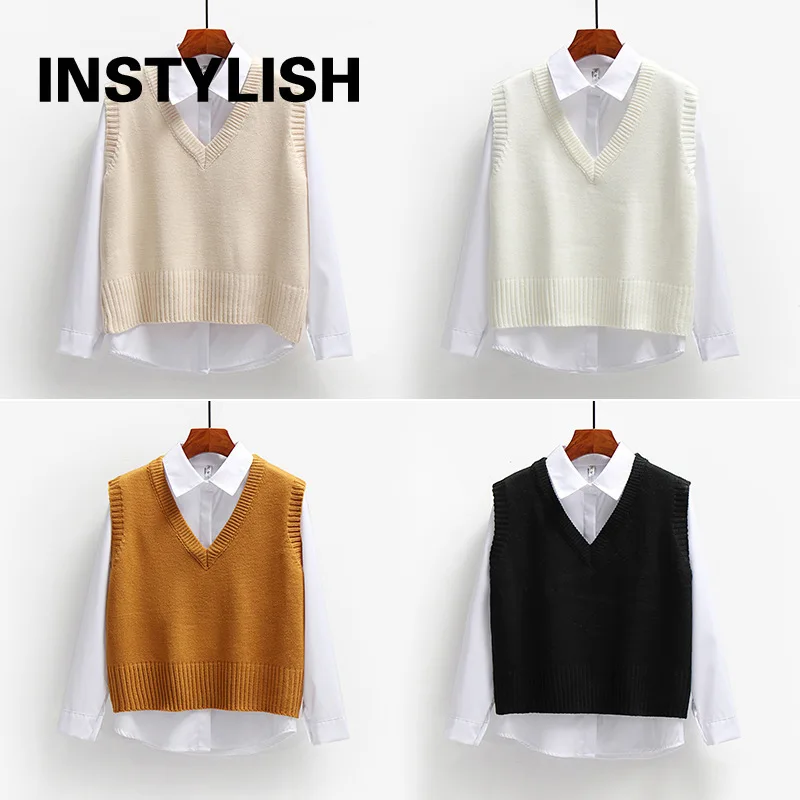 Women Sweater Vest Elegant V Neck Knitted Waistcoat Korean Harajuku Solid Loose Pullover Sleeveless Jacket Knit Top Outwear