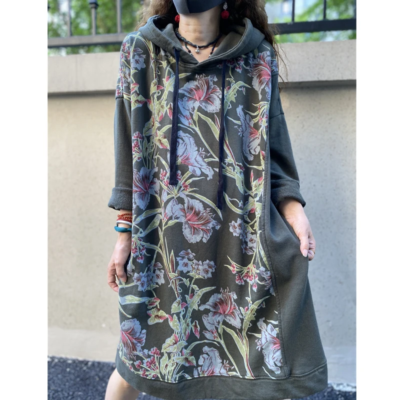 Max LuLu Autumn 2021 Vintage Printed Hooded Dress Women Casual Loose Vestidos Female Harajuku Floral Punk Fitness Long Clothes