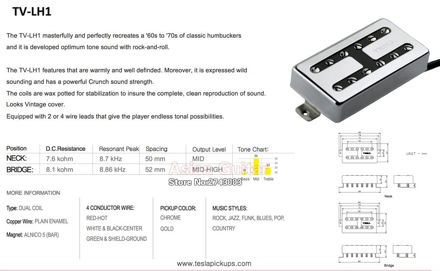 Tesla TV-LH1 Humbucker Guitar Pickup, Alnico Wax Potted Pickup, Neck or Bridge Position, Gold Color have in stock